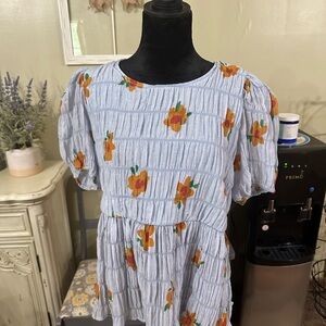 Umgee Blue and Orange Floral Puff Sleeve Blouse